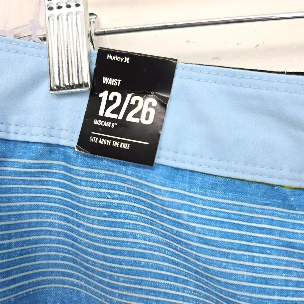 NWT Hurley Kids Light BLue Striped Board Swim Shorts Youth Size 12 Waist 26